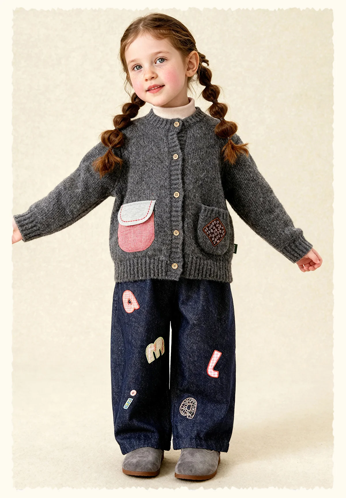 Amila 2026 Winter Children's Burgundy Cardigan Sweater, Contrasting Color Patchwork Pocket, Warm Knit, Playful And Fashionable