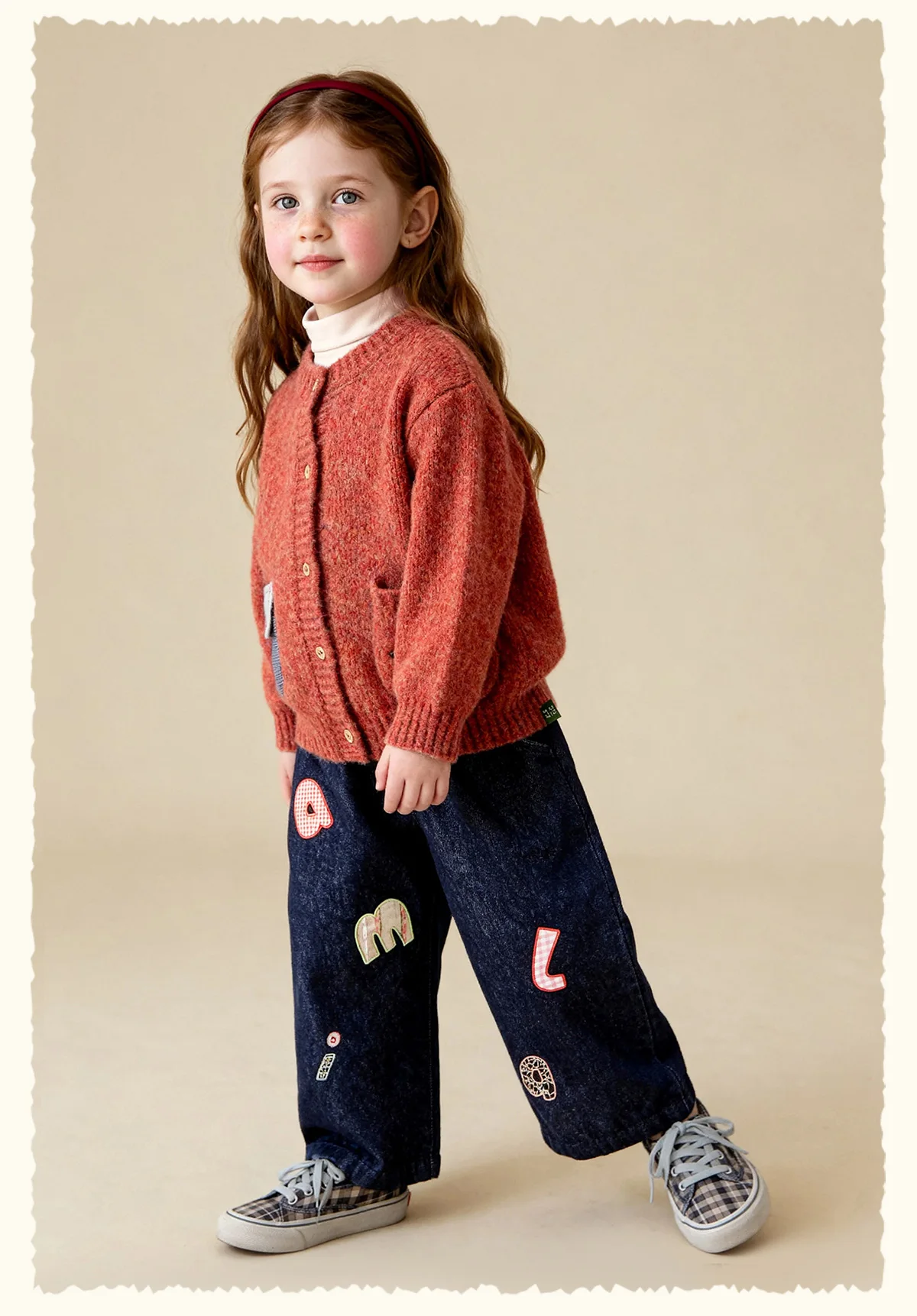 Amila 2026 Winter Children's Burgundy Cardigan Sweater, Contrasting Color Patchwork Pocket, Warm Knit, Playful And Fashionable