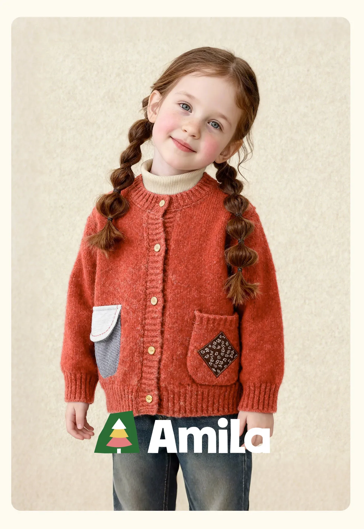 Amila 2026 Winter Children's Burgundy Cardigan Sweater, Contrasting Color Patchwork Pocket, Warm Knit, Playful And Fashionable
