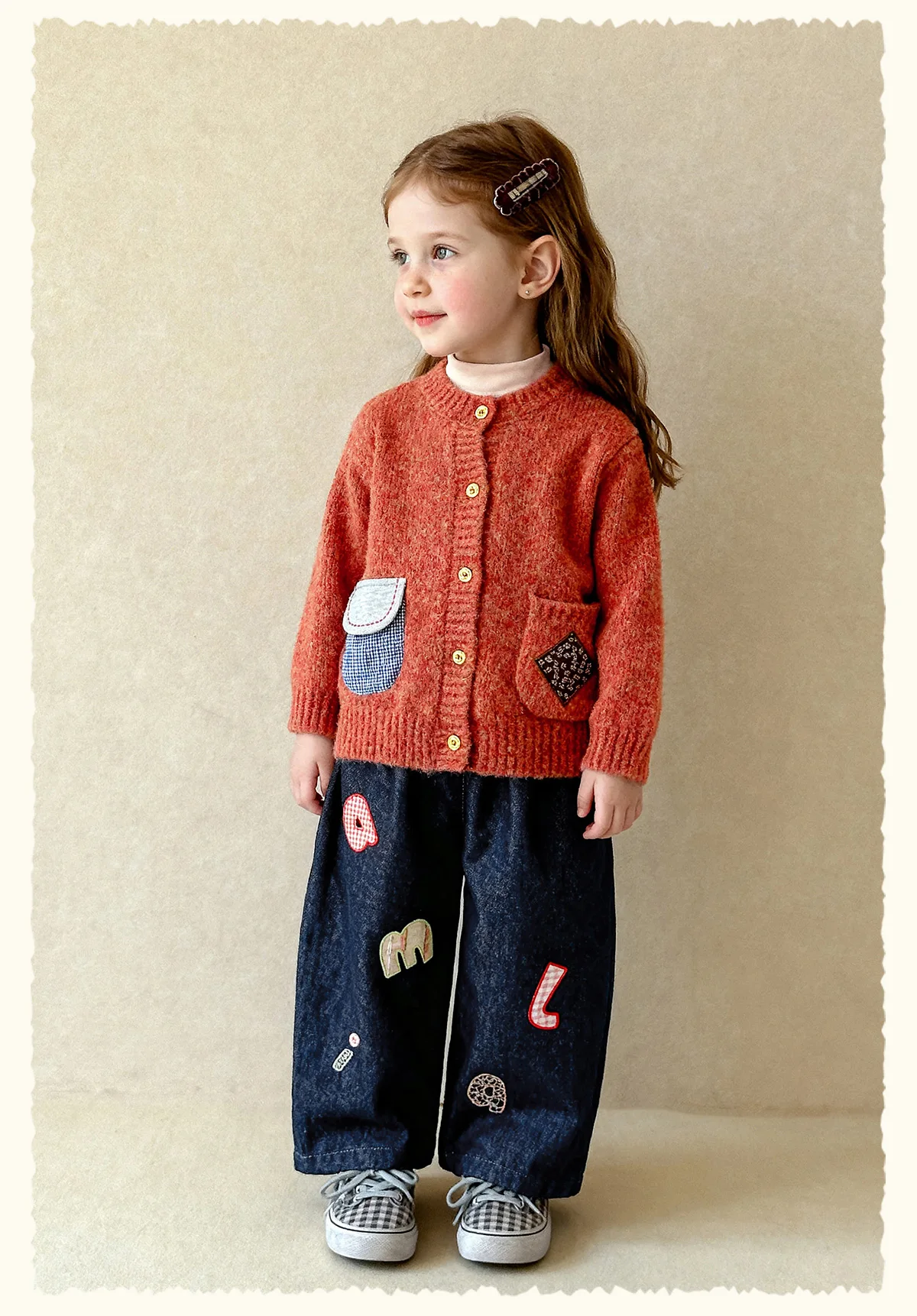 Amila 2026 Winter Children's Burgundy Cardigan Sweater, Contrasting Color Patchwork Pocket, Warm Knit, Playful And Fashionable