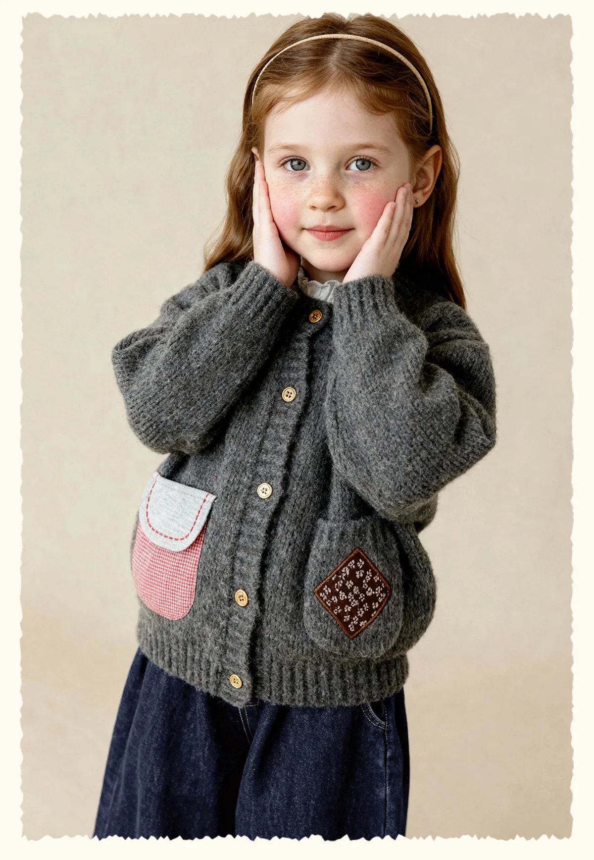 Amila 2026 Winter Children's Burgundy Cardigan Sweater, Contrasting Color Patchwork Pocket, Warm Knit, Playful And Fashionable