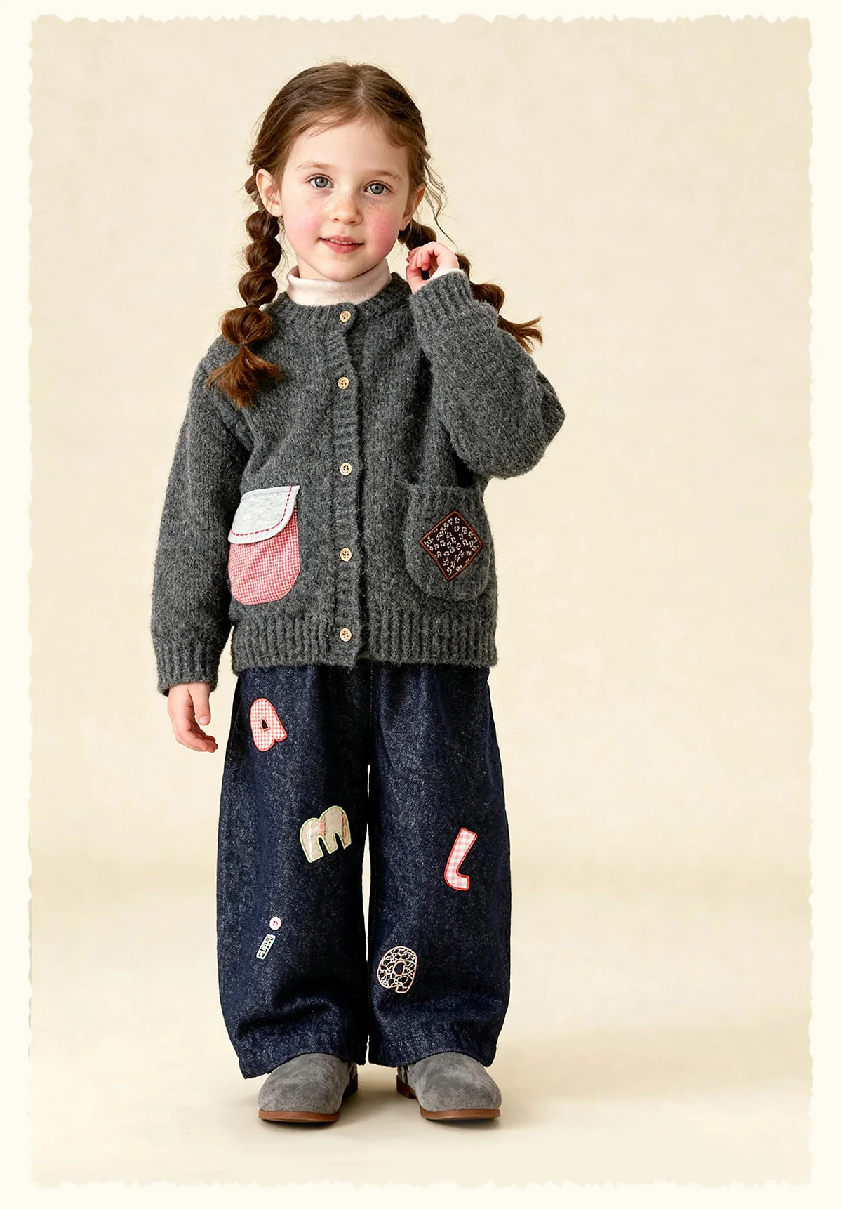 Amila 2026 Winter Children's Burgundy Cardigan Sweater, Contrasting Color Patchwork Pocket, Warm Knit, Playful And Fashionable