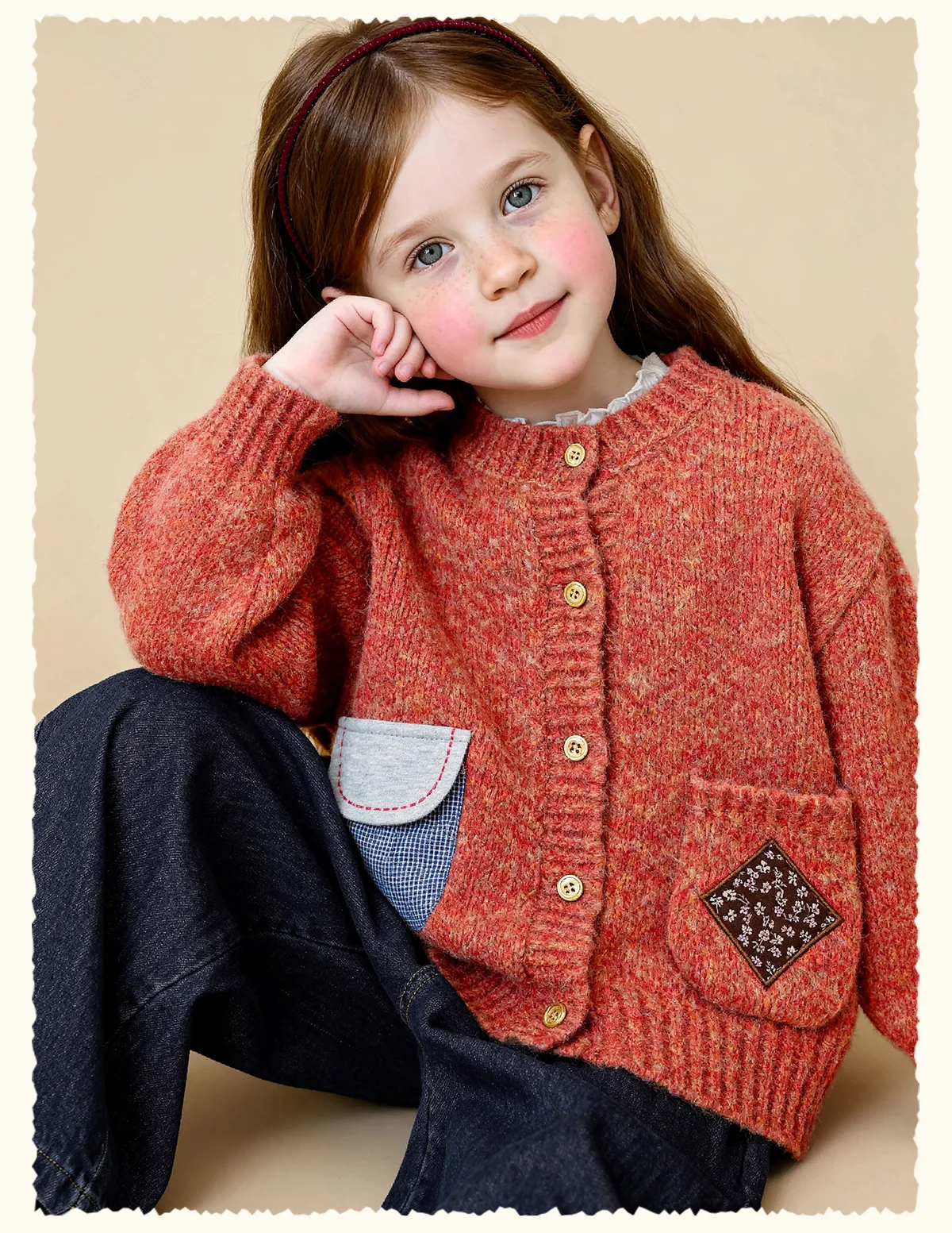 Amila 2026 Winter Children's Burgundy Cardigan Sweater, Contrasting Color Patchwork Pocket, Warm Knit, Playful And Fashionable