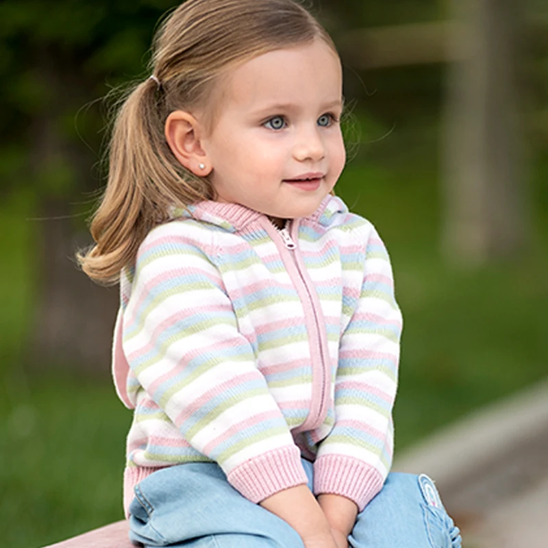 Dave Bella Girls Autumn Winter Hooded Cardigan Sweater for Children Stripe Long Sleeve Knitted Sweater Kids Outwear DB3236100