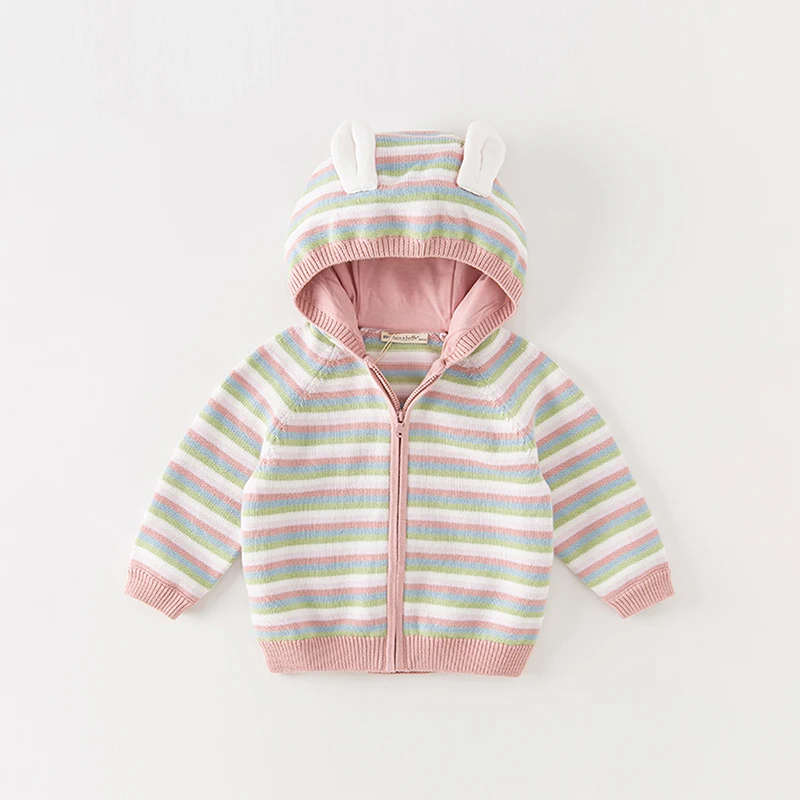 Dave Bella Girls Autumn Winter Hooded Cardigan Sweater for Children Stripe Long Sleeve Knitted Sweater Kids Outwear DB3236100