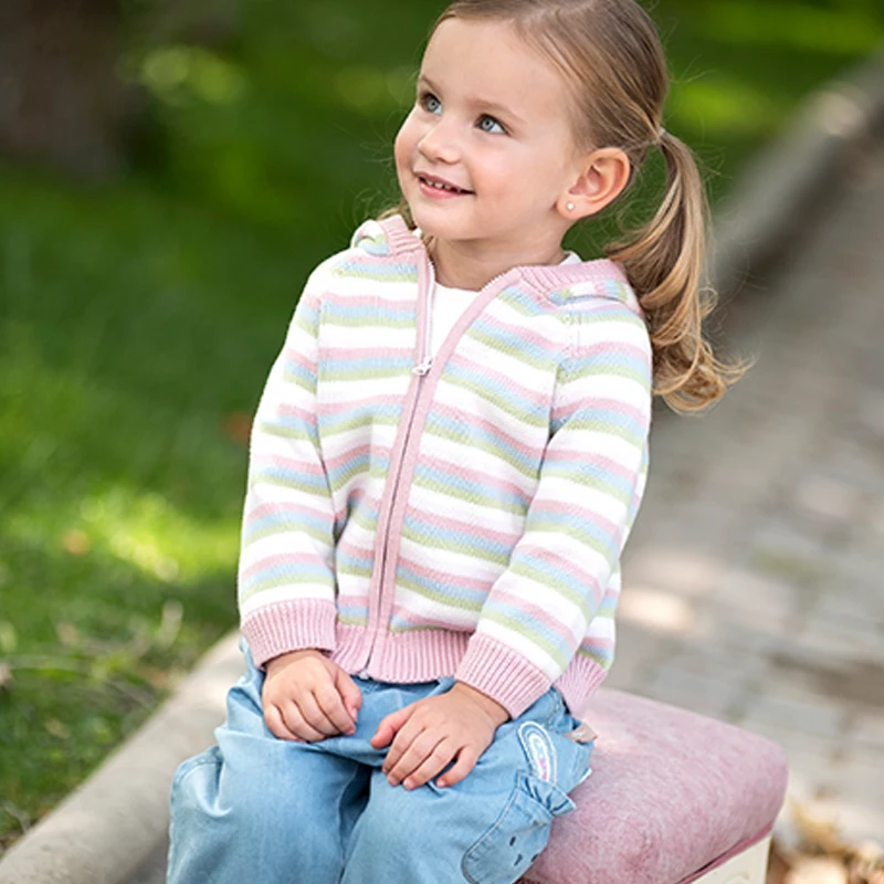 Dave Bella Girls Autumn Winter Hooded Cardigan Sweater for Children Stripe Long Sleeve Knitted Sweater Kids Outwear DB3236100