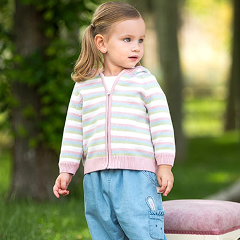Dave Bella Girls Autumn Winter Hooded Cardigan Sweater for Children Stripe Long Sleeve Knitted Sweater Kids Outwear DB3236100