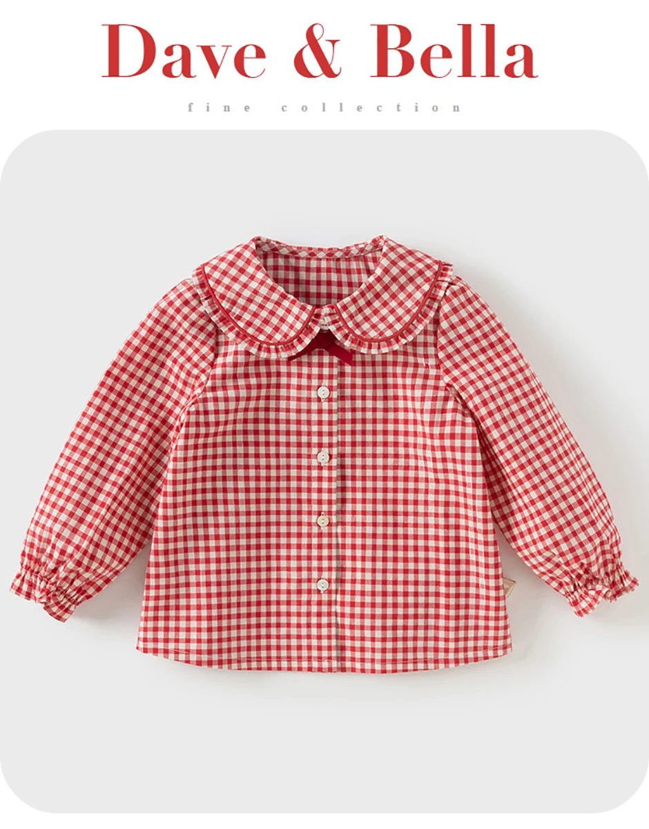Dave Bella Children's Red White Plaid Shirt Clothes Autumn Girls' Baby Fashion Casual Pure Cotton Top Outdoor Party DB3253344