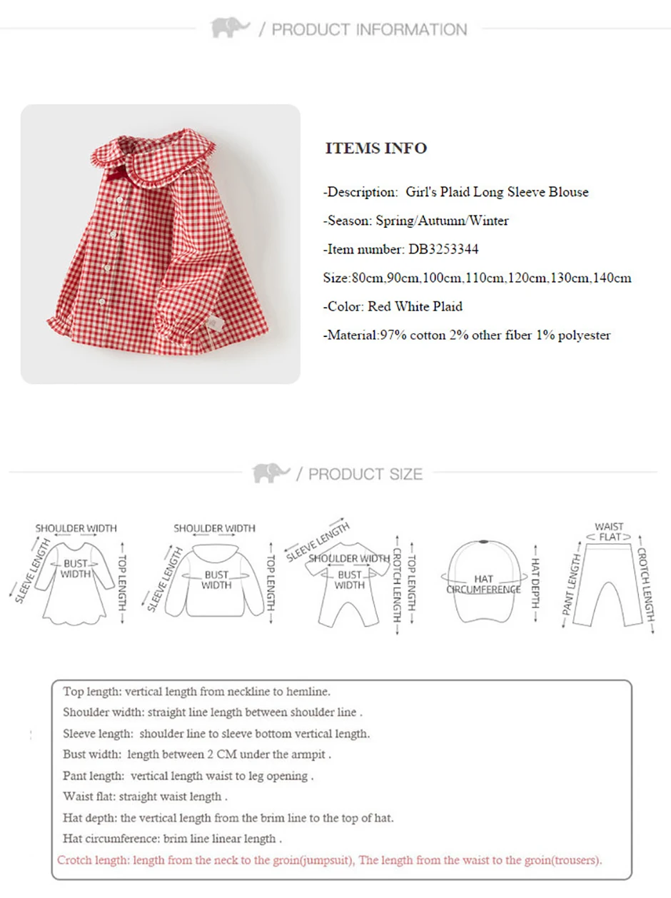 Dave Bella Children's Red White Plaid Shirt Clothes Autumn Girls' Baby Fashion Casual Pure Cotton Top Outdoor Party DB3253344