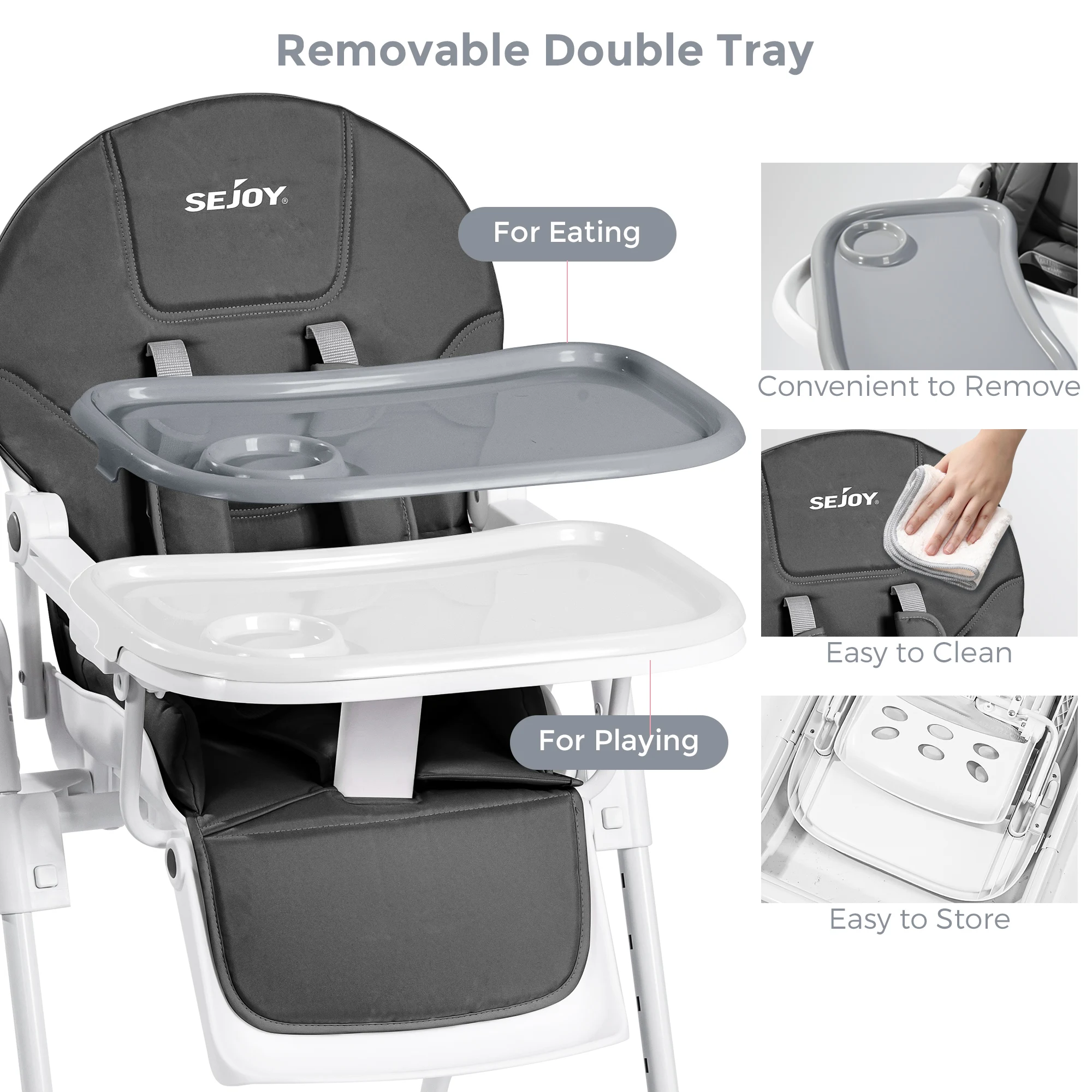 Sejoy Baby High Chair with 5-Point Harness 3-Position Tray & Wheels CE/CPC Certified Children's Dining Chair Adjustable