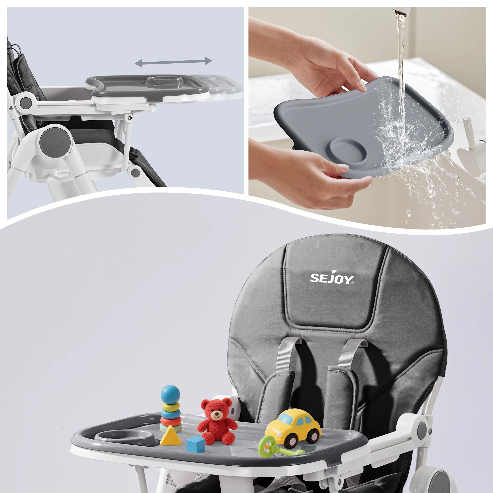 Sejoy Baby High Chair with 5-Point Harness 3-Position Tray & Wheels CE/CPC Certified Children's Dining Chair Adjustable