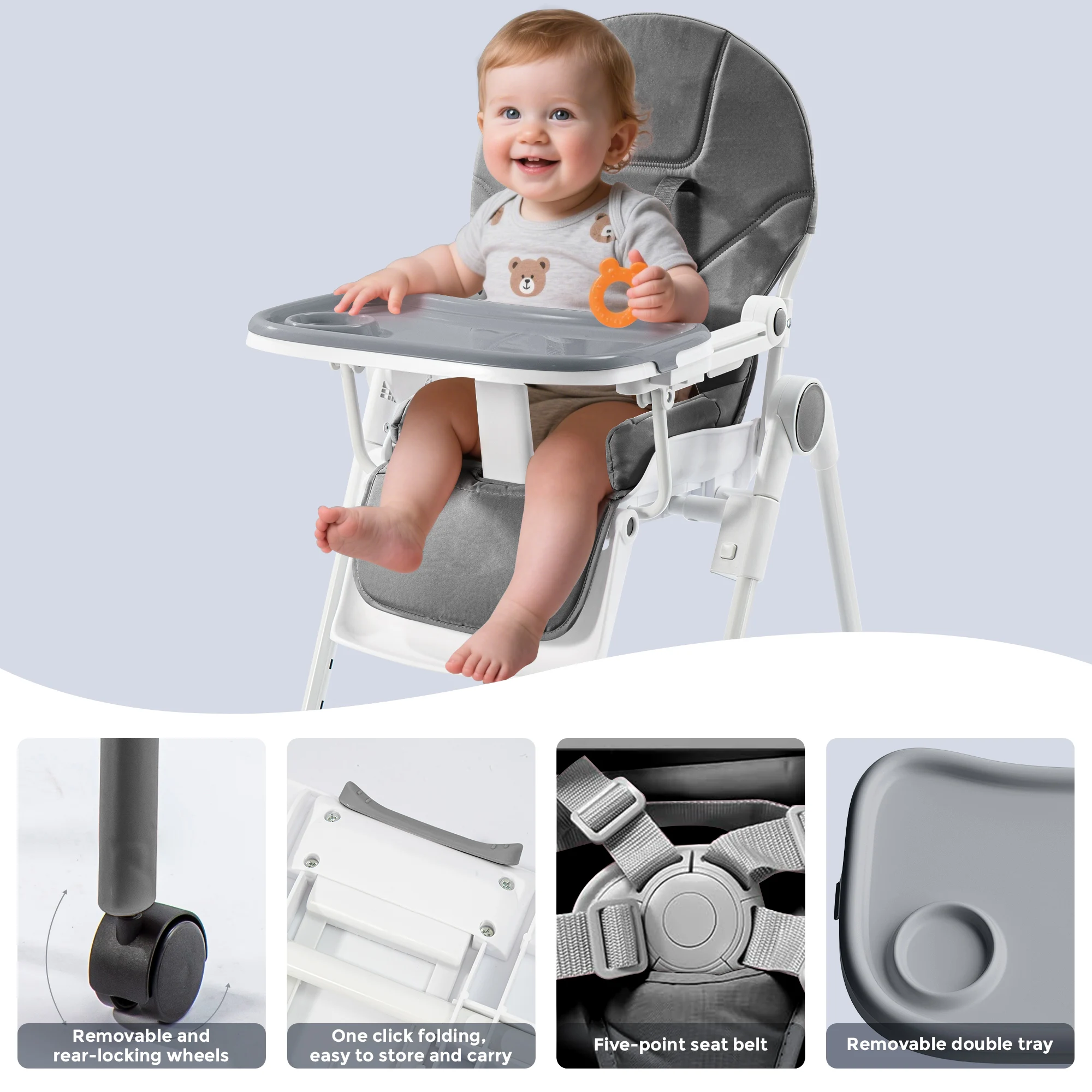 Sejoy Baby High Chair with 5-Point Harness 3-Position Tray & Wheels CE/CPC Certified Children's Dining Chair Adjustable