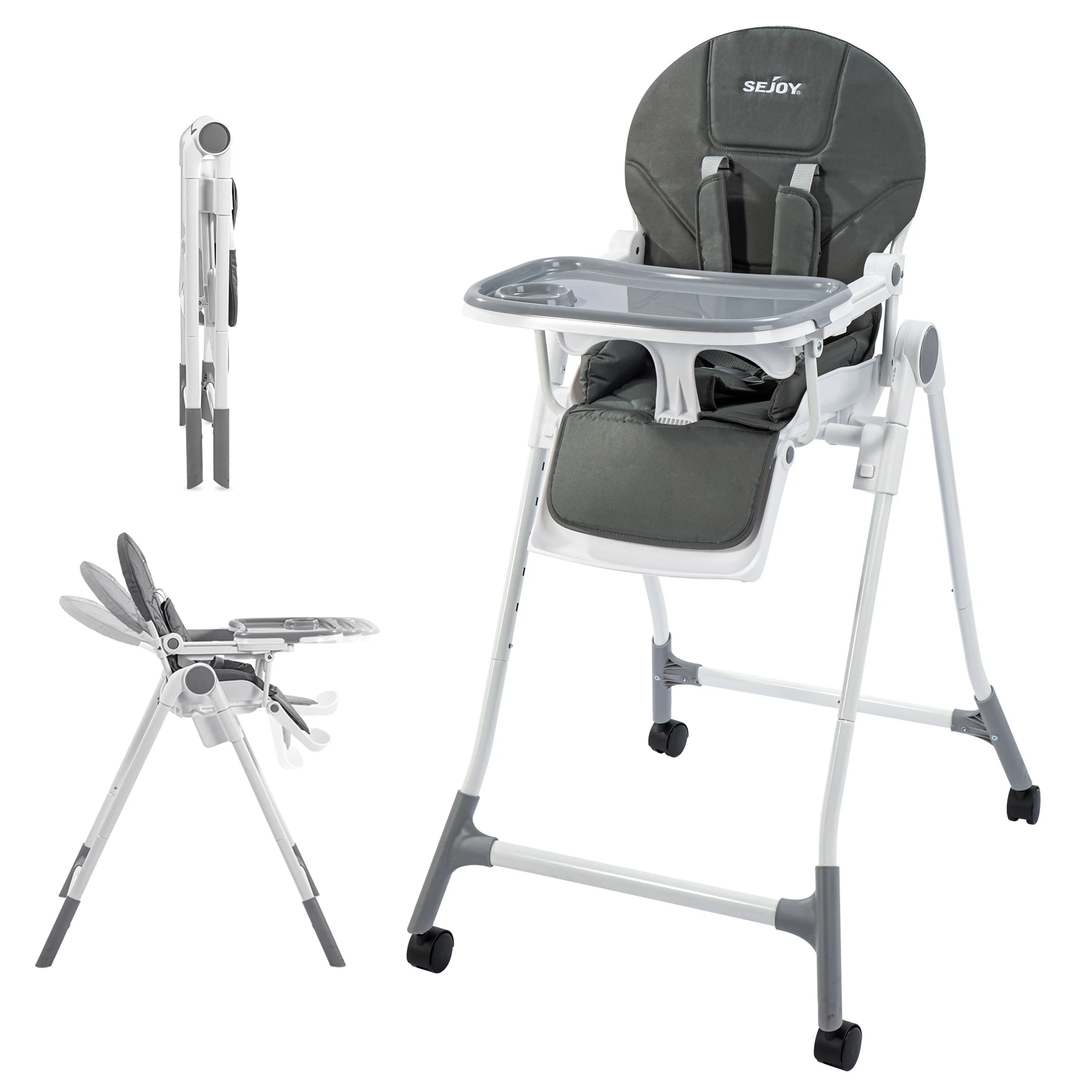 Sejoy Baby High Chair with 5-Point Harness 3-Position Tray & Wheels CE/CPC Certified Children's Dining Chair Adjustable