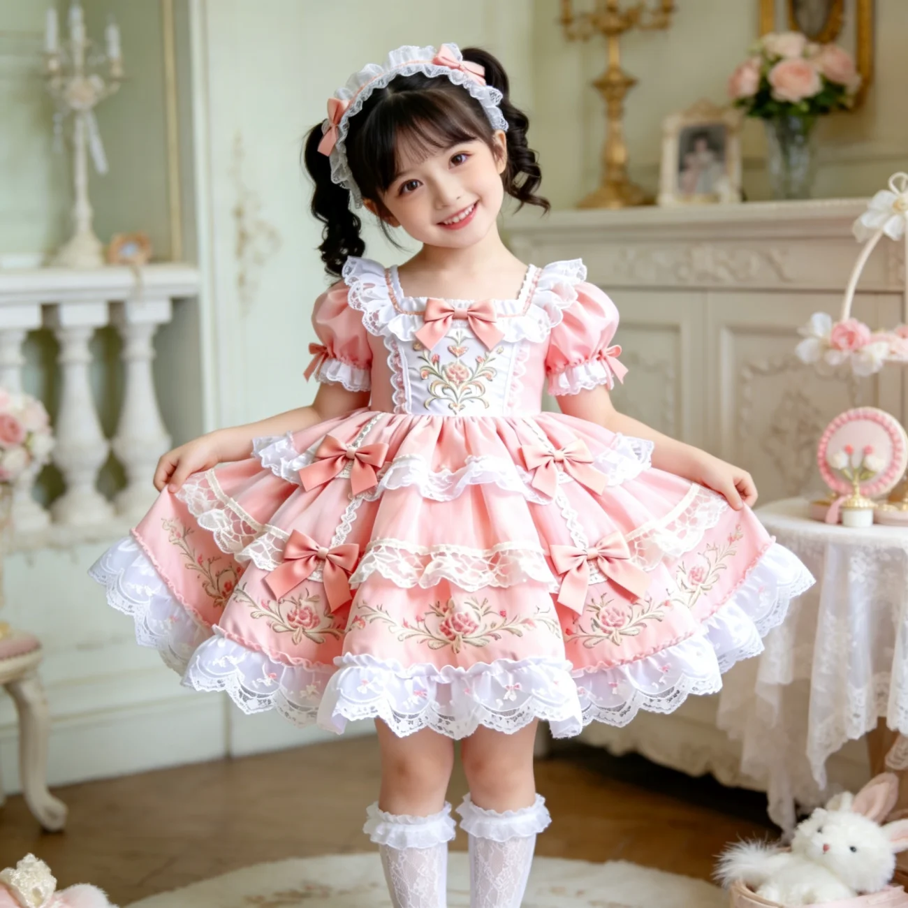 Sweet Baby Girls 2026 Summer New Pink Lolita Dress Kids Lace Trim Bow Heavy Embroidery Puffy Sleeve High End Birthday Party Gown