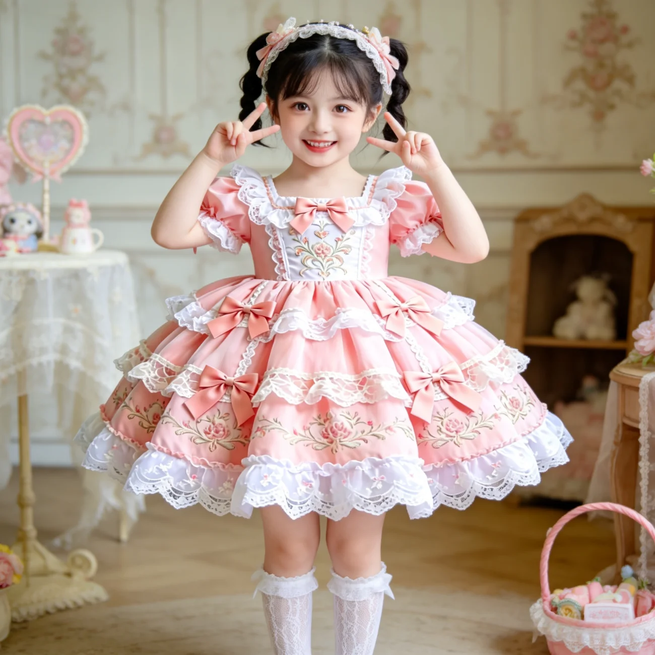 Sweet Baby Girls 2026 Summer New Pink Lolita Dress Kids Lace Trim Bow Heavy Embroidery Puffy Sleeve High End Birthday Party Gown