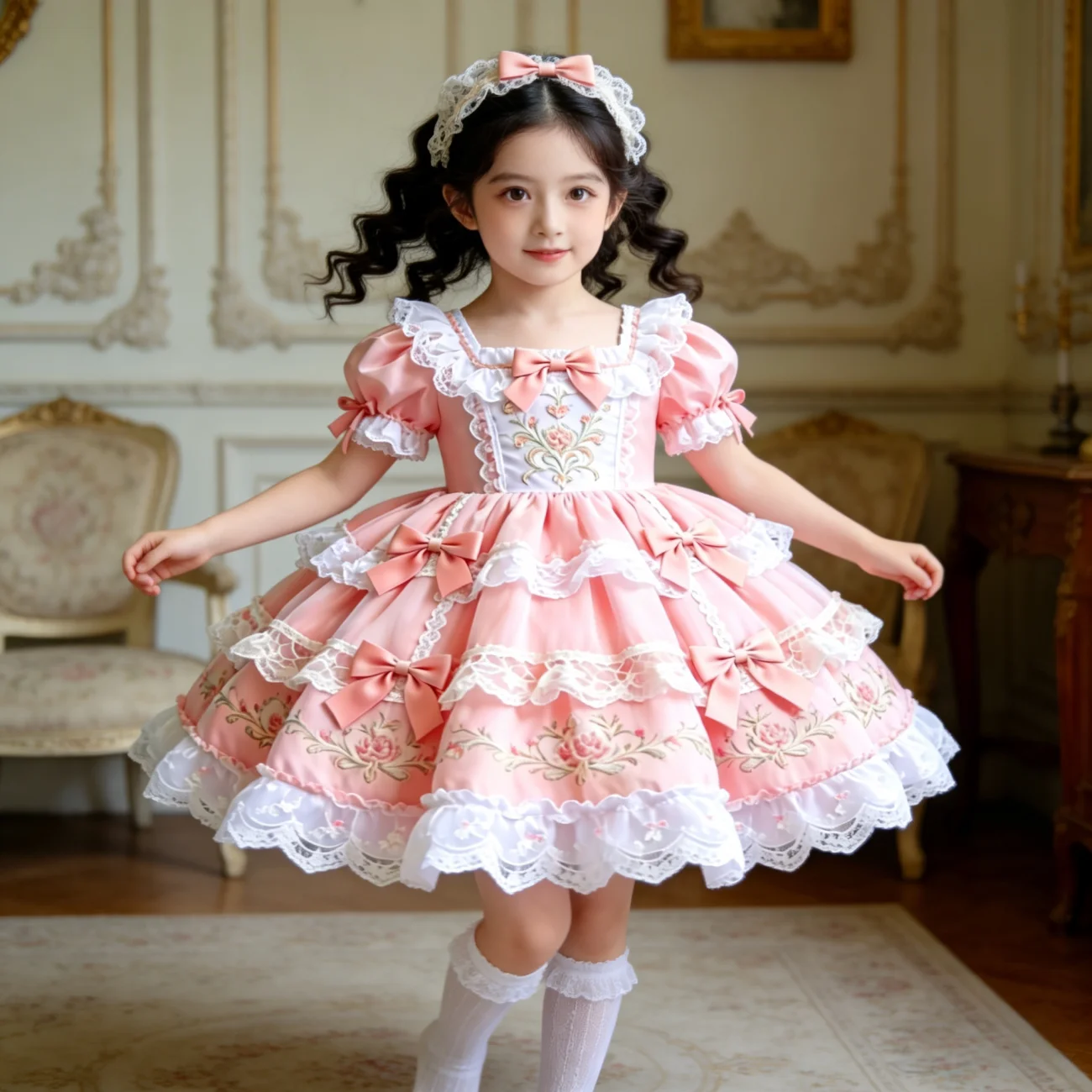 Sweet Baby Girls 2026 Summer New Pink Lolita Dress Kids Lace Trim Bow Heavy Embroidery Puffy Sleeve High End Birthday Party Gown