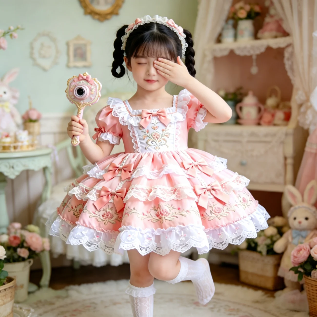 Sweet Baby Girls 2026 Summer New Pink Lolita Dress Kids Lace Trim Bow Heavy Embroidery Puffy Sleeve High End Birthday Party Gown