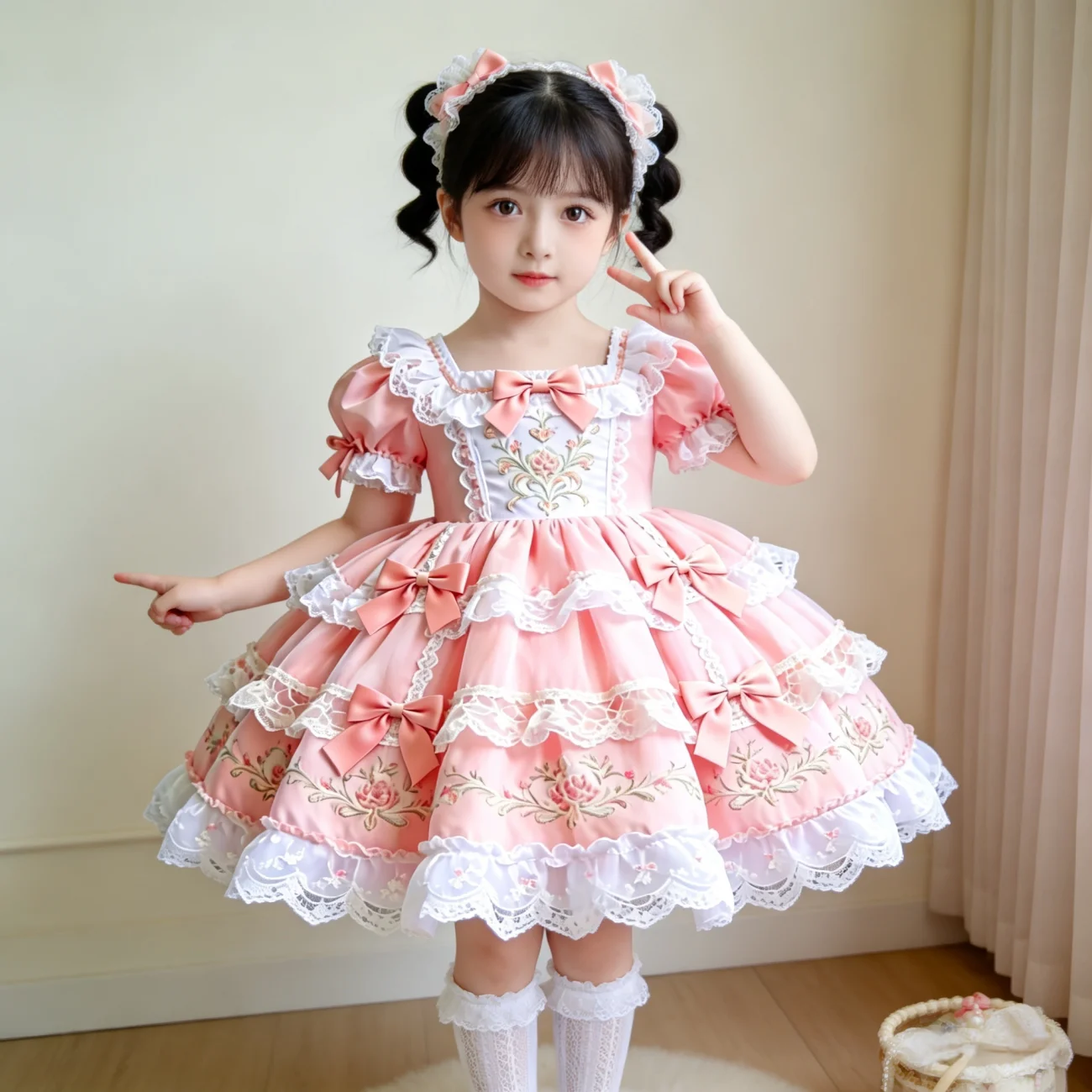 Sweet Baby Girls 2026 Summer New Pink Lolita Dress Kids Lace Trim Bow Heavy Embroidery Puffy Sleeve High End Birthday Party Gown