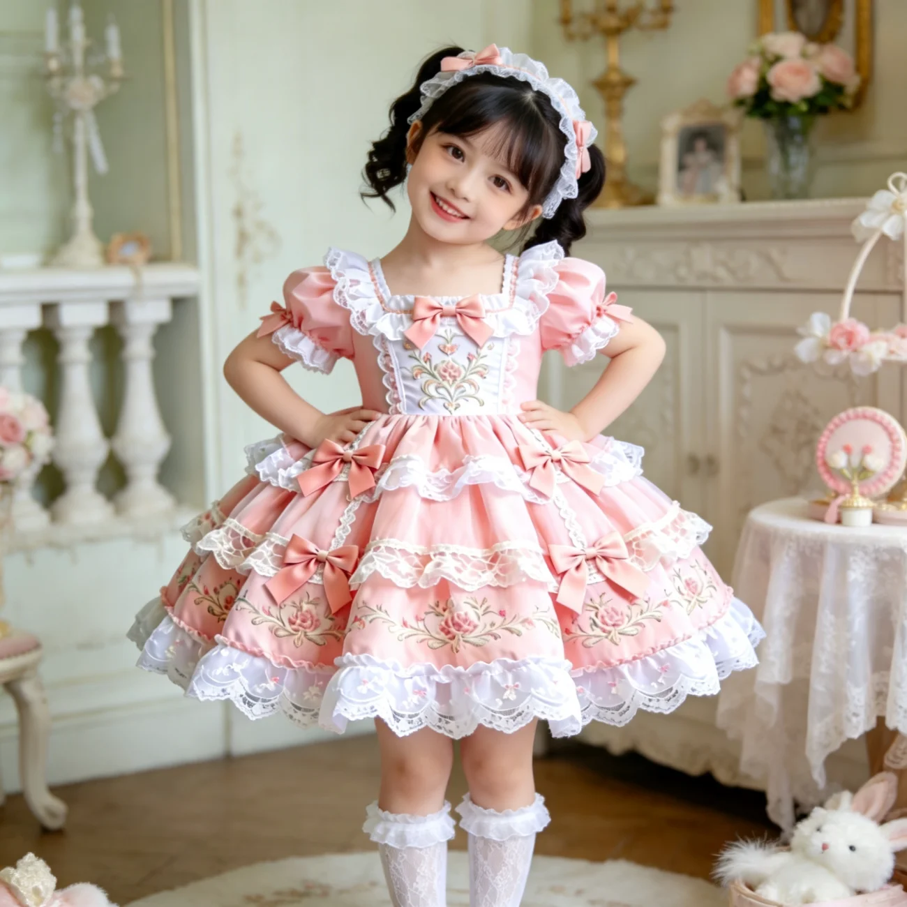 Sweet Baby Girls 2026 Summer New Pink Lolita Dress Kids Lace Trim Bow Heavy Embroidery Puffy Sleeve High End Birthday Party Gown