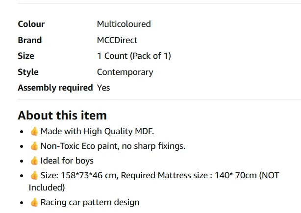 Mcc Direct Racing Car Junior Bed Toddler Kids Bed - mattress not included