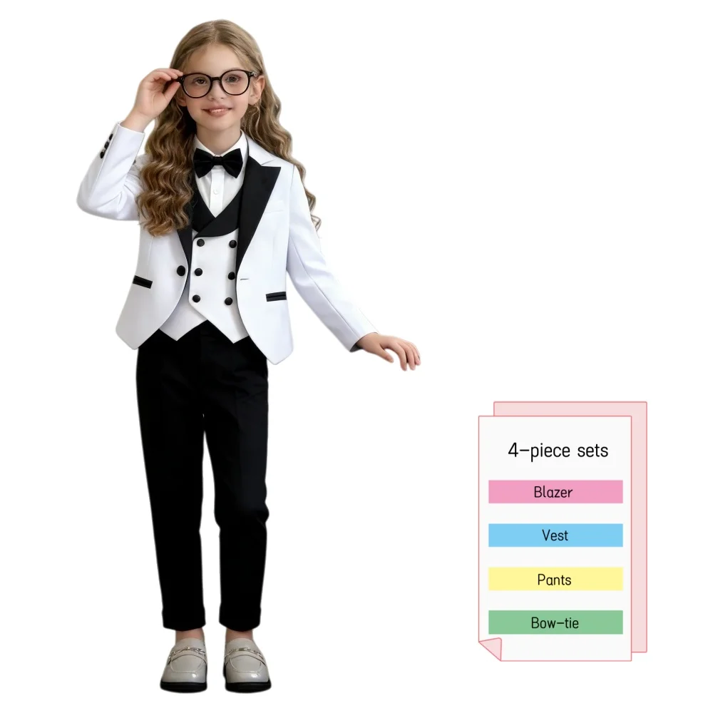 Popular Girls Suit Set Classic Black White Girls Tuxedo 2026 Romantic Childrens Formal Wear Jacket Vest Pants Bow Tie