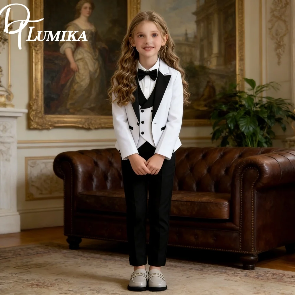 Popular Girls Suit Set Classic Black White Girls Tuxedo 2026 Romantic Childrens Formal Wear Jacket Vest Pants Bow Tie