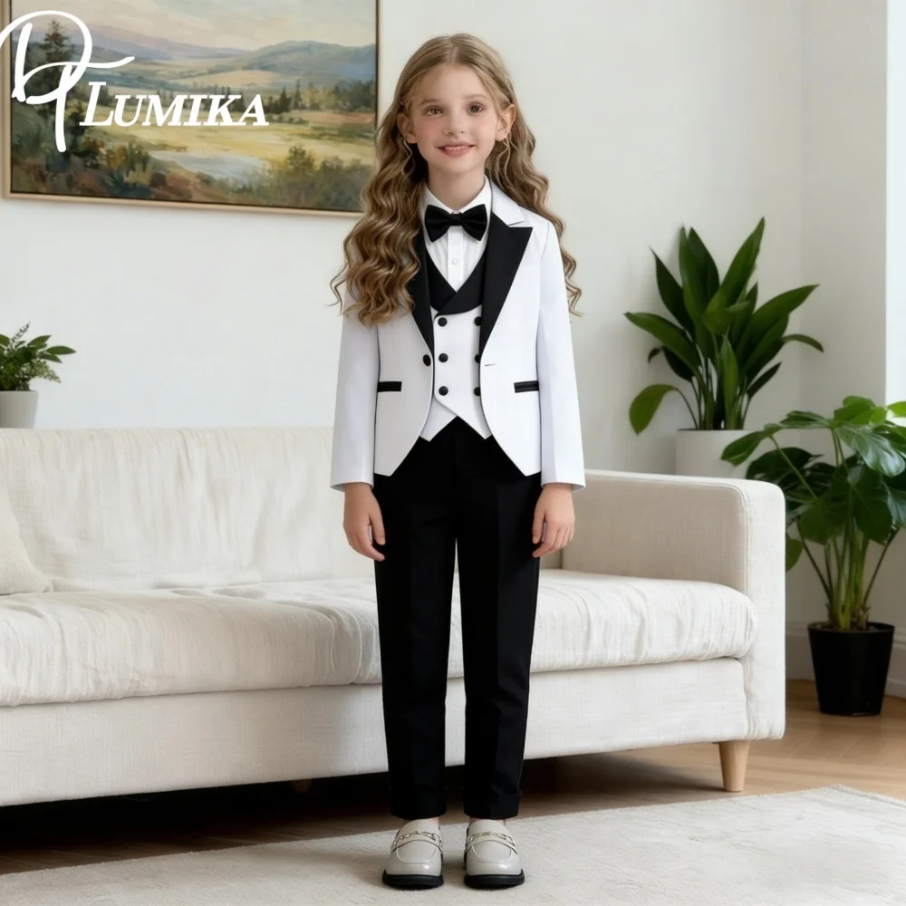 Popular Girls Suit Set Classic Black White Girls Tuxedo 2026 Romantic Childrens Formal Wear Jacket Vest Pants Bow Tie