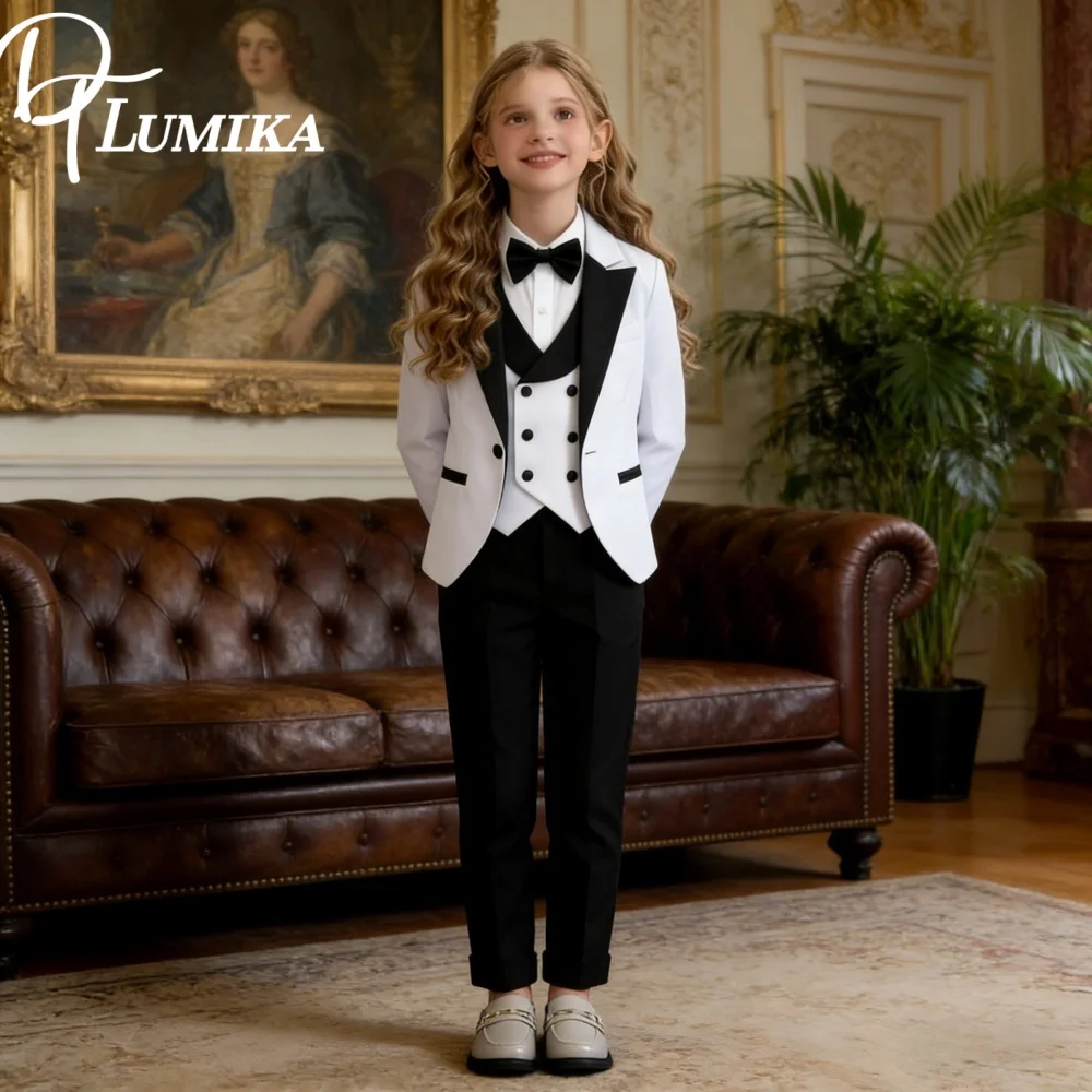 Popular Girls Suit Set Classic Black White Girls Tuxedo 2026 Romantic Childrens Formal Wear Jacket Vest Pants Bow Tie