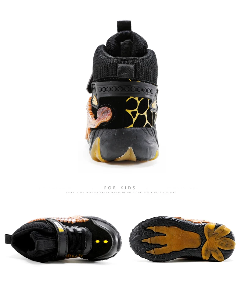 Children's Dinosaur Flash Shoes Autumn Winter for Boys New Genuine Leather Little Kids LED Light Up Casual Glowing Sneakers