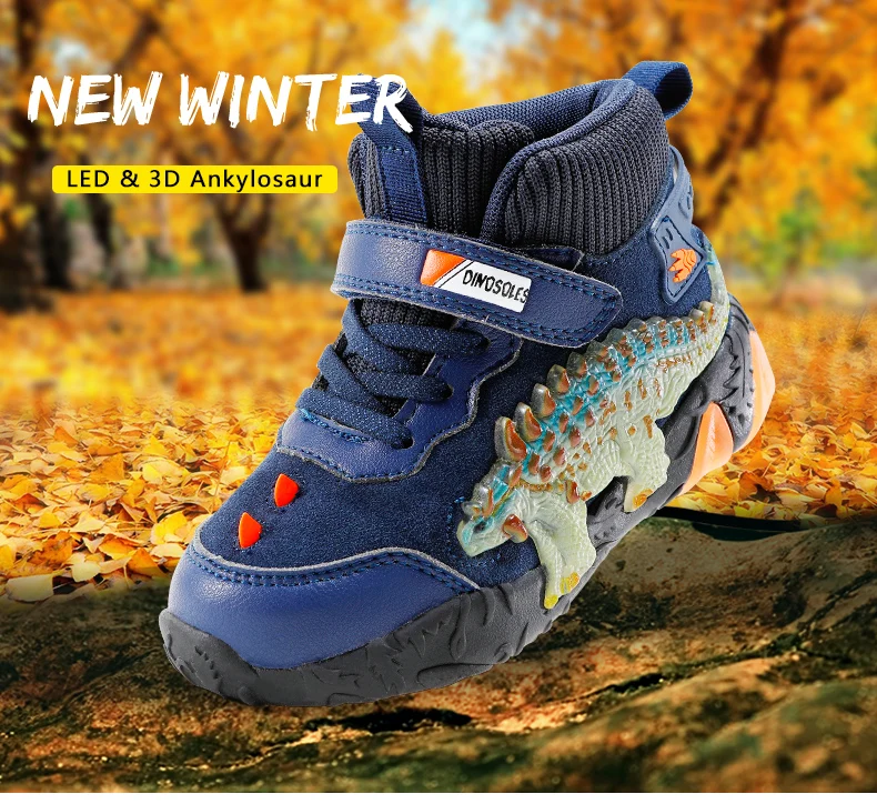 Children's Dinosaur Flash Shoes Autumn Winter for Boys New Genuine Leather Little Kids LED Light Up Casual Glowing Sneakers