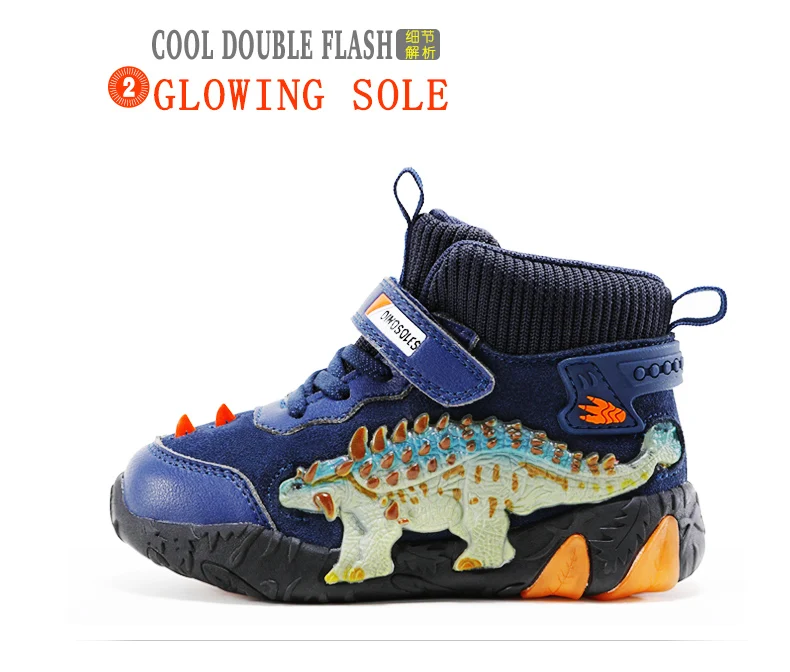 Children's Dinosaur Flash Shoes Autumn Winter for Boys New Genuine Leather Little Kids LED Light Up Casual Glowing Sneakers