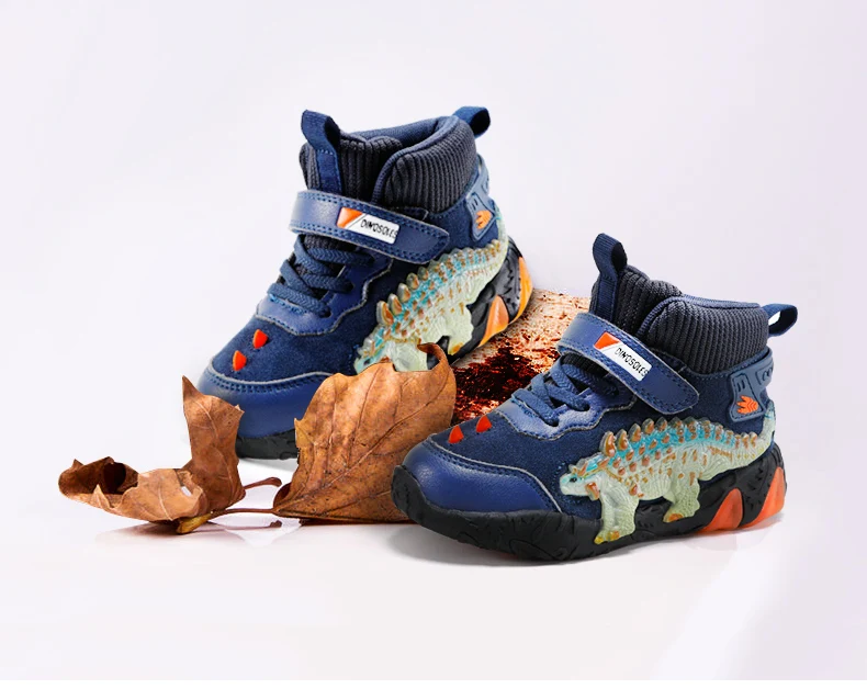 Children's Dinosaur Flash Shoes Autumn Winter for Boys New Genuine Leather Little Kids LED Light Up Casual Glowing Sneakers