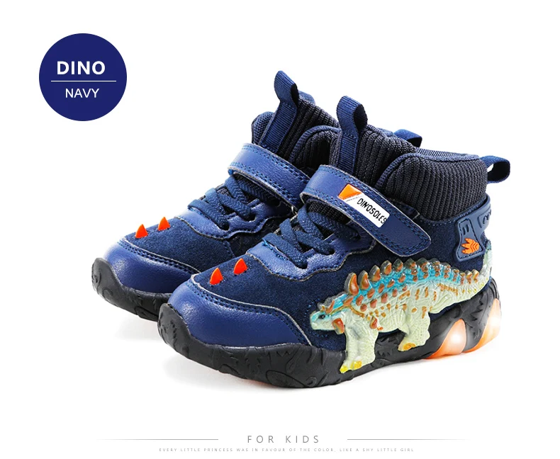 Children's Dinosaur Flash Shoes Autumn Winter for Boys New Genuine Leather Little Kids LED Light Up Casual Glowing Sneakers