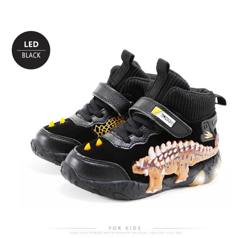 Children's Dinosaur Flash Shoes Autumn Winter for Boys New Genuine Leather Little Kids LED Light Up Casual Glowing Sneakers