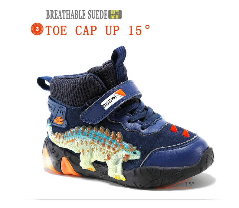 Children's Dinosaur Flash Shoes Autumn Winter for Boys New Genuine Leather Little Kids LED Light Up Casual Glowing Sneakers