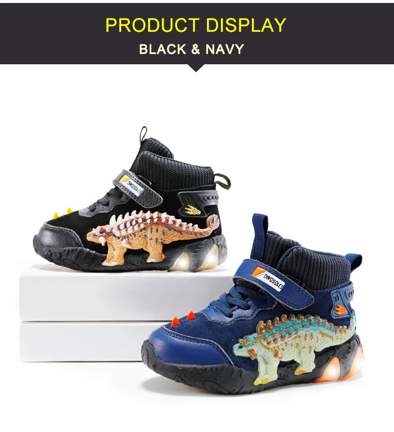 Children's Dinosaur Flash Shoes Autumn Winter for Boys New Genuine Leather Little Kids LED Light Up Casual Glowing Sneakers
