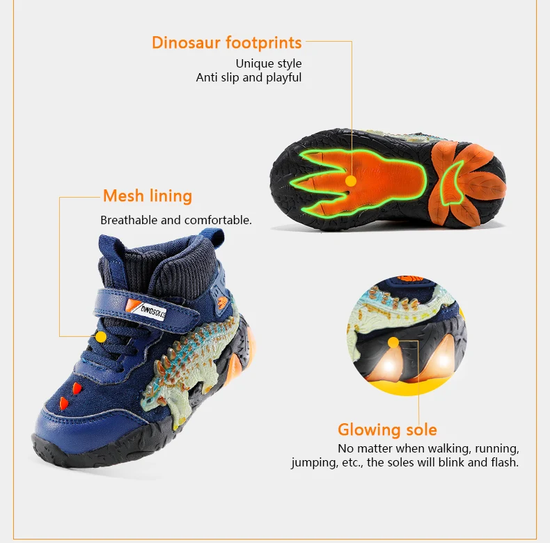 Children's Dinosaur Flash Shoes Autumn Winter for Boys New Genuine Leather Little Kids LED Light Up Casual Glowing Sneakers