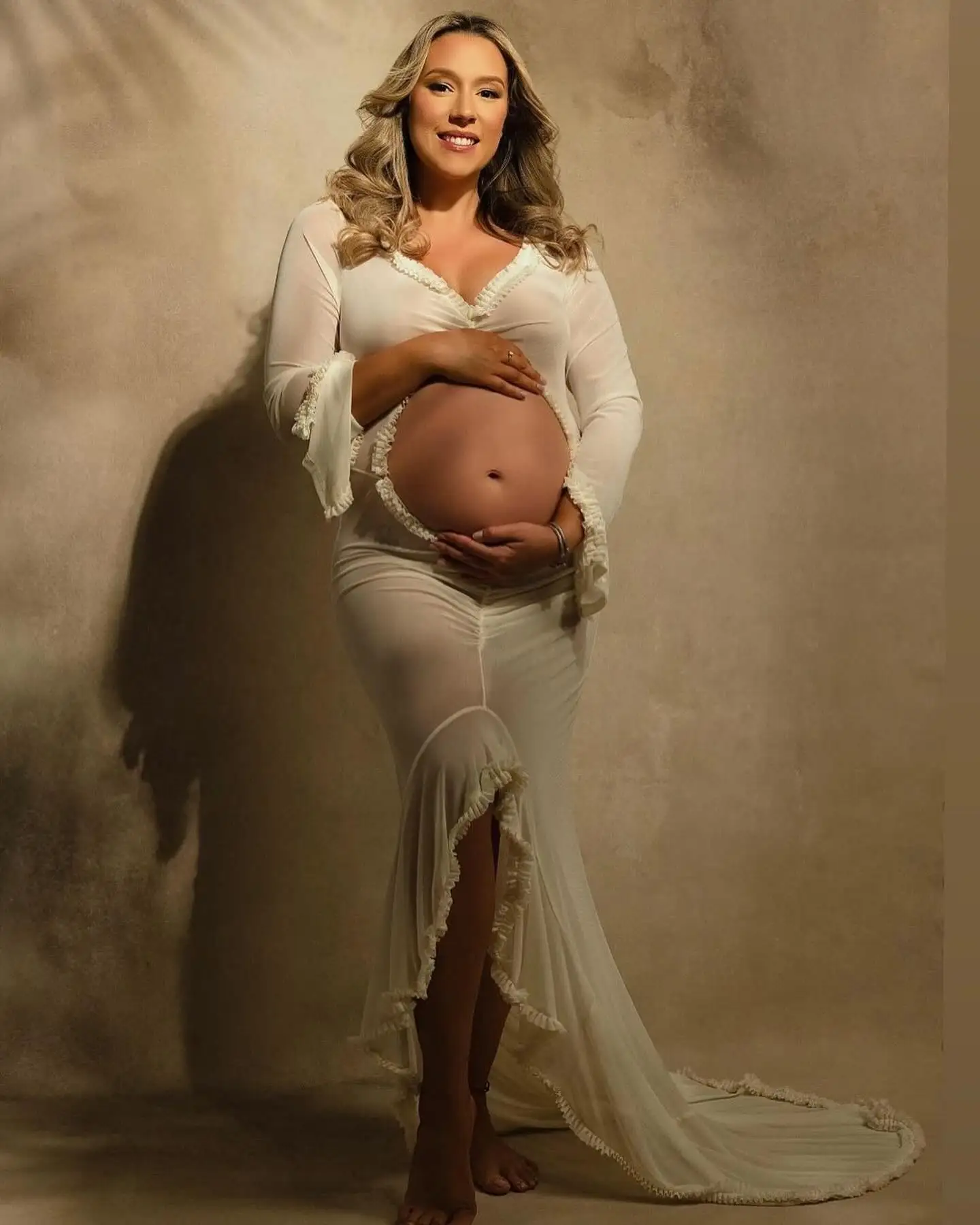 Sexy Women's Dress For Pregnant Photo Section Out Tulle Long Sleeve Belly Gowns Pregnancy Dresses Photography Maternity Dress
