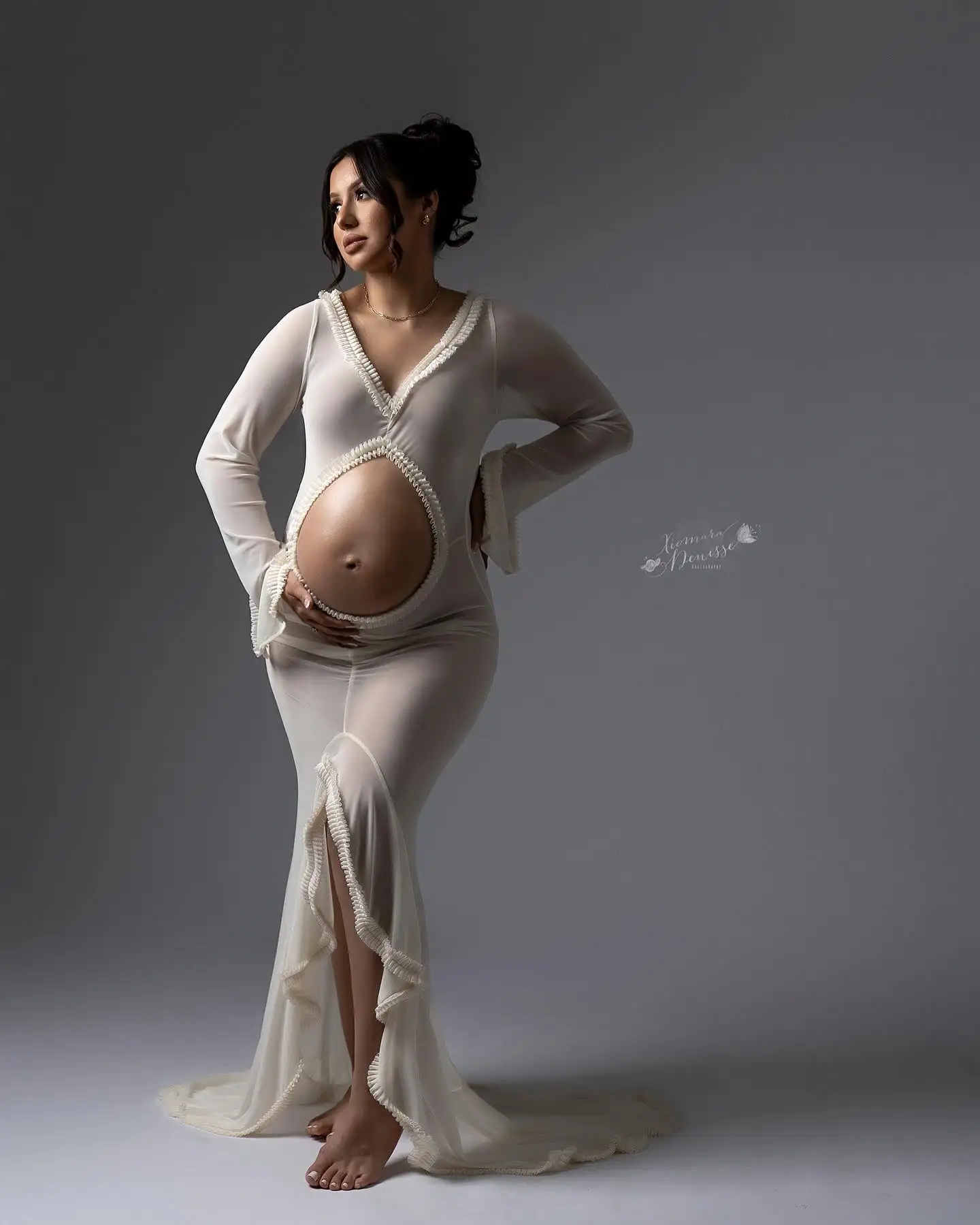 Sexy Women's Dress For Pregnant Photo Section Out Tulle Long Sleeve Belly Gowns Pregnancy Dresses Photography Maternity Dress