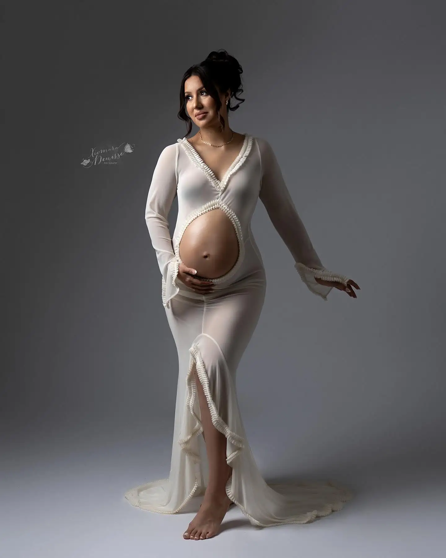 Sexy Women's Dress For Pregnant Photo Section Out Tulle Long Sleeve Belly Gowns Pregnancy Dresses Photography Maternity Dress