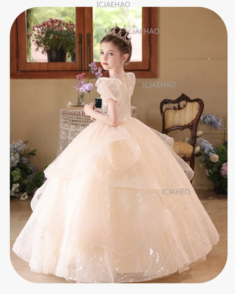 2026 Children Girls Champagne Long Gown Host Runway Birthday Princess Elegant Dress Kids Piano Performance Pageant Costume