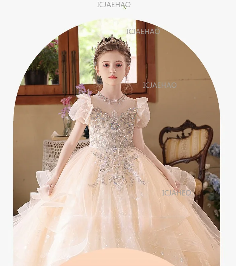 2026 Children Girls Champagne Long Gown Host Runway Birthday Princess Elegant Dress Kids Piano Performance Pageant Costume