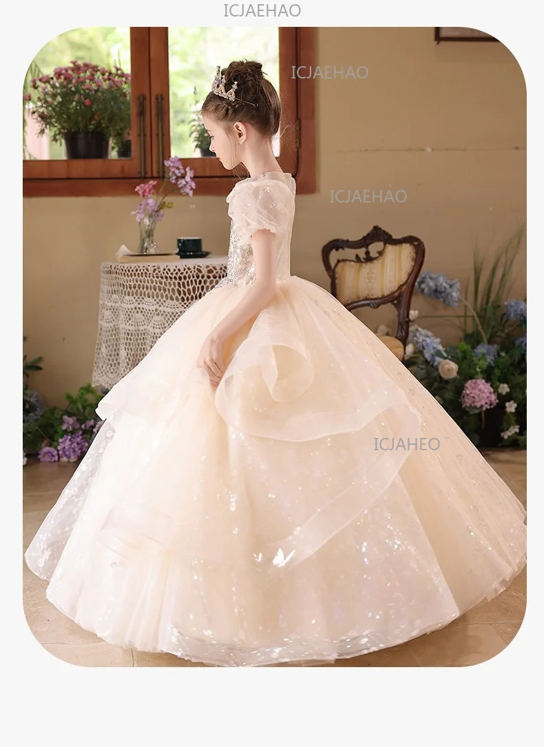 2026 Children Girls Champagne Long Gown Host Runway Birthday Princess Elegant Dress Kids Piano Performance Pageant Costume
