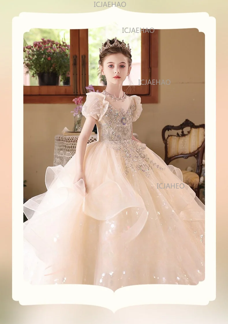 2026 Children Girls Champagne Long Gown Host Runway Birthday Princess Elegant Dress Kids Piano Performance Pageant Costume