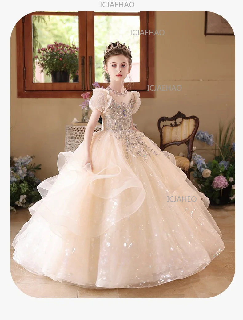 2026 Children Girls Champagne Long Gown Host Runway Birthday Princess Elegant Dress Kids Piano Performance Pageant Costume