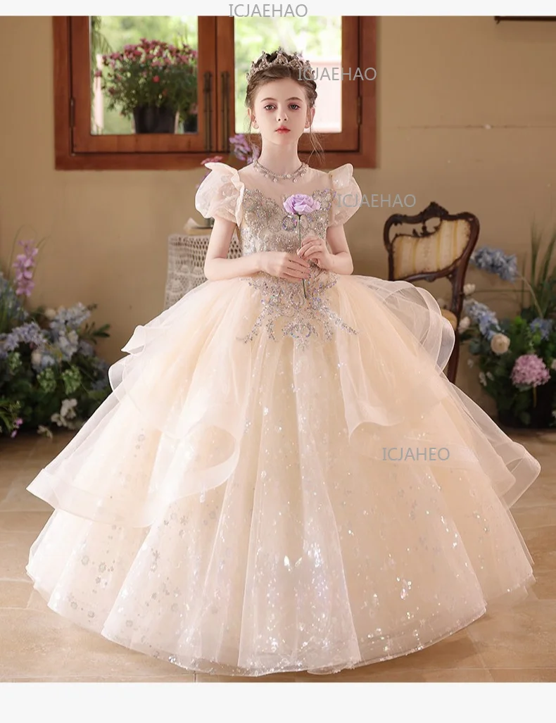 2026 Children Girls Champagne Long Gown Host Runway Birthday Princess Elegant Dress Kids Piano Performance Pageant Costume