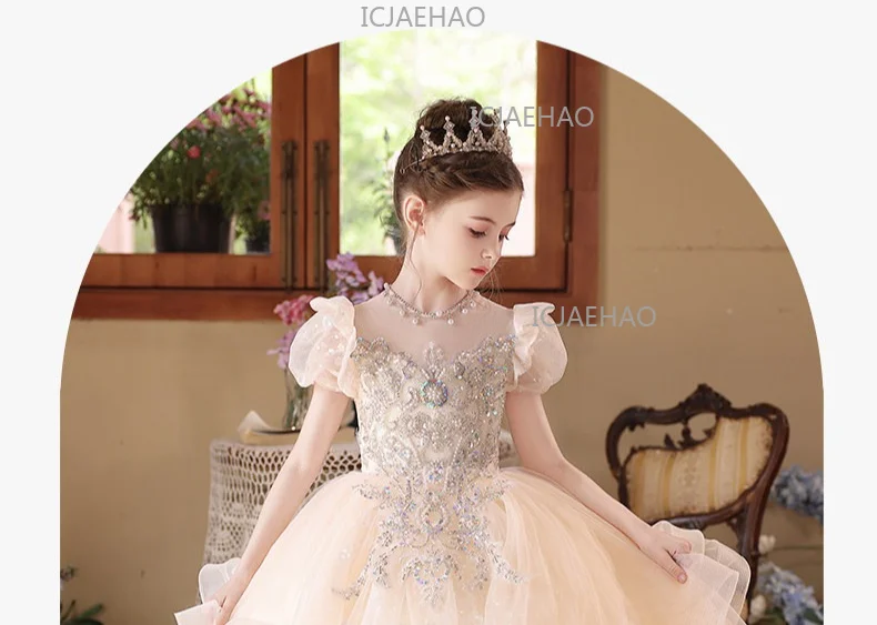 2026 Children Girls Champagne Long Gown Host Runway Birthday Princess Elegant Dress Kids Piano Performance Pageant Costume