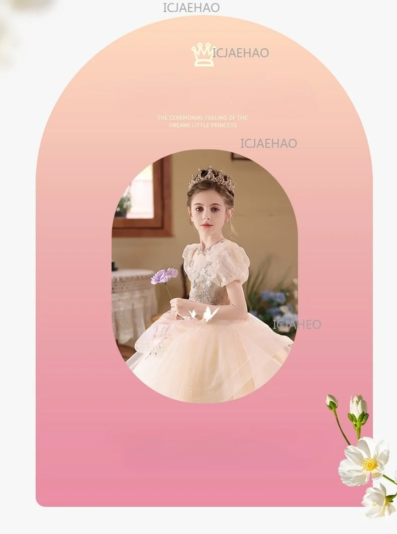 2026 Children Girls Champagne Long Gown Host Runway Birthday Princess Elegant Dress Kids Piano Performance Pageant Costume
