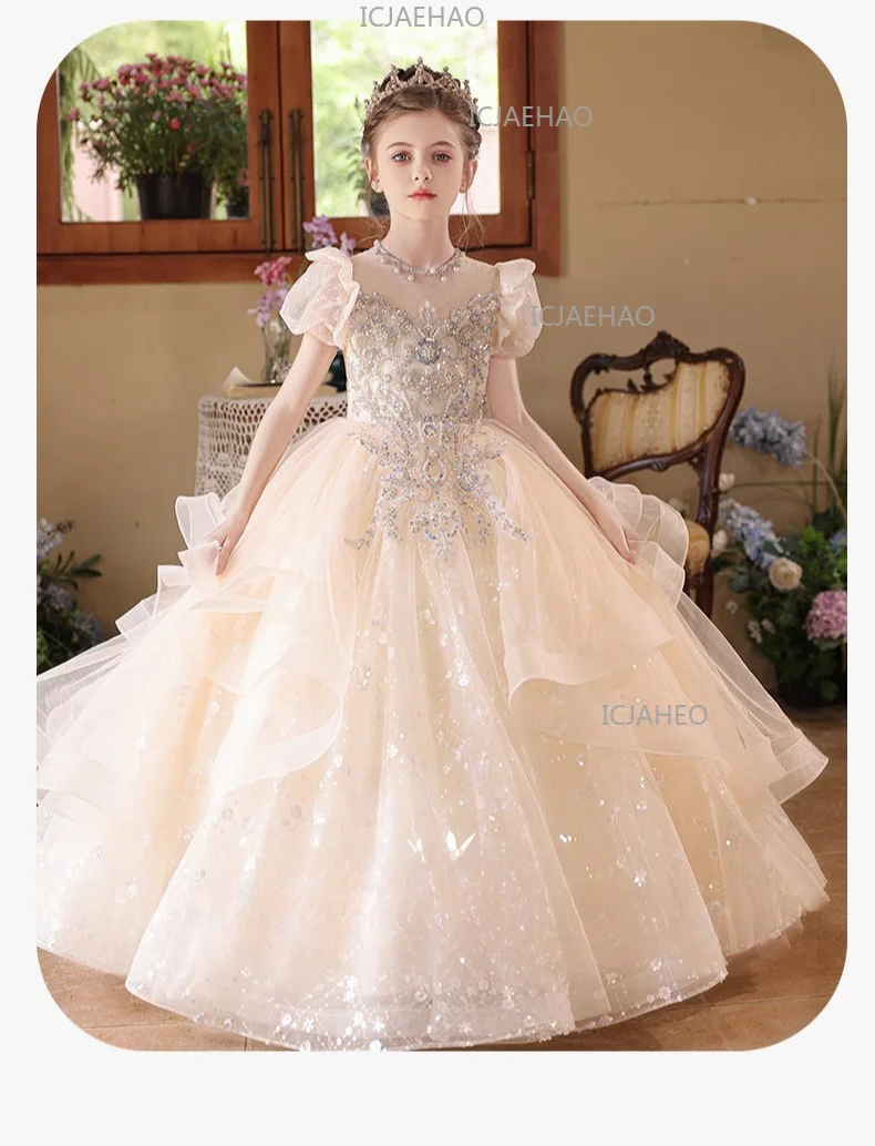 2026 Children Girls Champagne Long Gown Host Runway Birthday Princess Elegant Dress Kids Piano Performance Pageant Costume