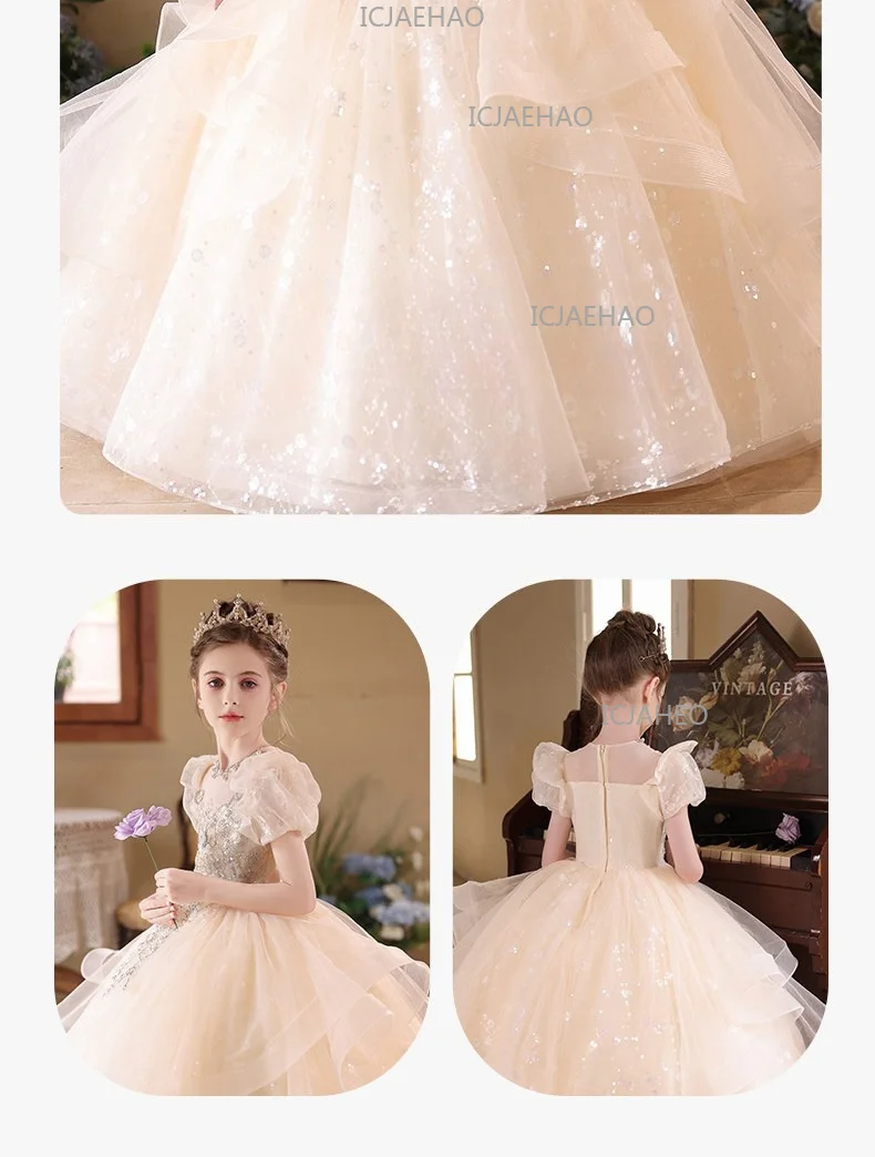 2026 Children Girls Champagne Long Gown Host Runway Birthday Princess Elegant Dress Kids Piano Performance Pageant Costume